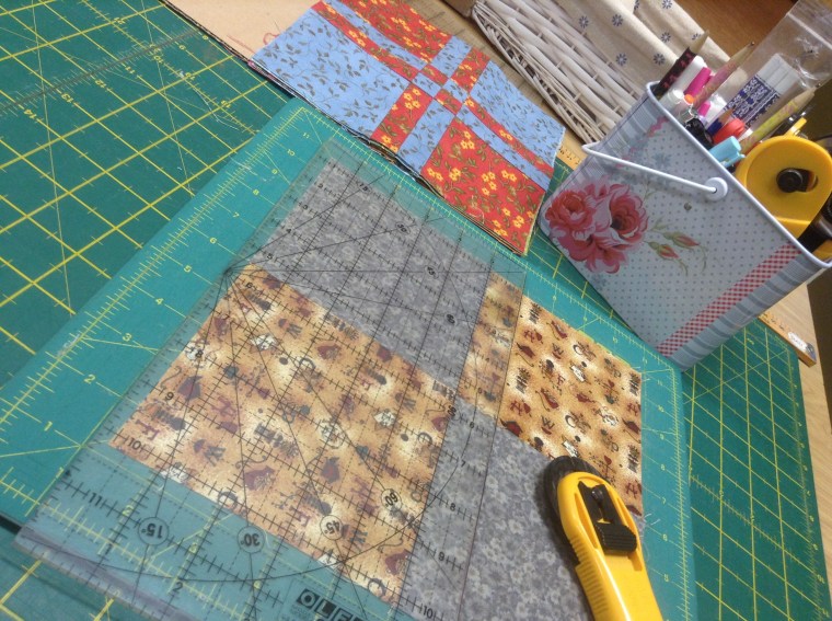 Making a "disappearing 9 patch" samples for a demo for a quilt meeting.